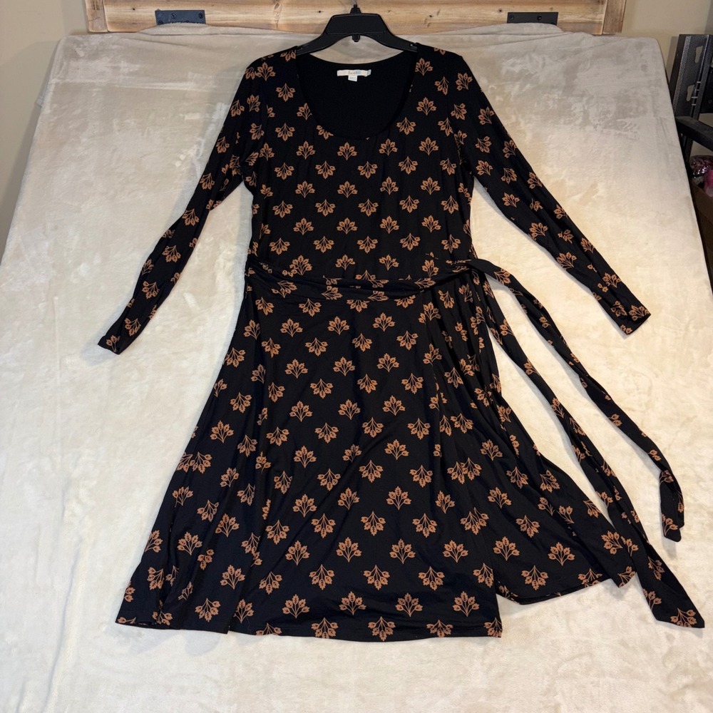 Boden Womens Black Tan Leaf Print Long Sleeve Asymmetrical Wrap Belted Dress 12